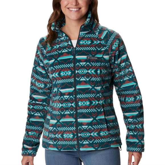 Columbia Teal Patterned Fleece Jacket Full Zip Size Medium - Picture 1 of 14
